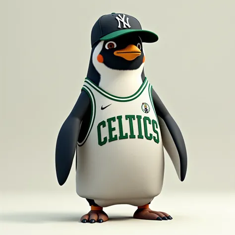 CREATE AN IMAGE OF A HUMAN STYLE PENGUIN IN A YANKEES CAP AND BOSTON CELTICS TANK SHIRT