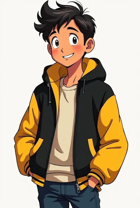 Happy tall Latino anime boy Edgar Cut in black and yellow coat smiling