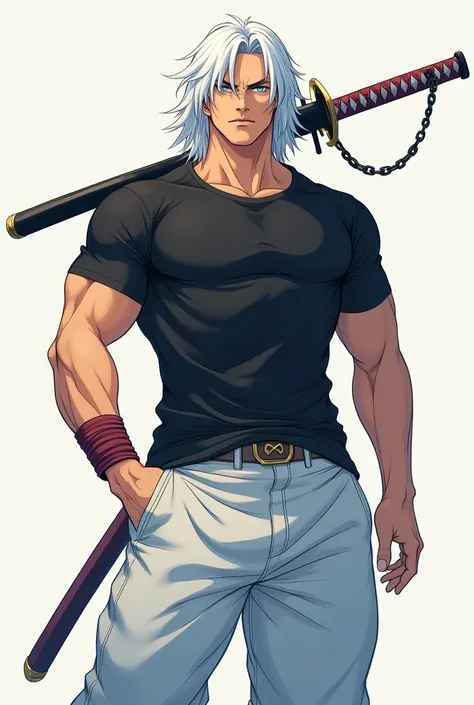 anime man, medium length white hair, blue eyes, tall, athletic/muscular build, wears a black t-shirt and baggy white pants, carries a katana on his shoulders 