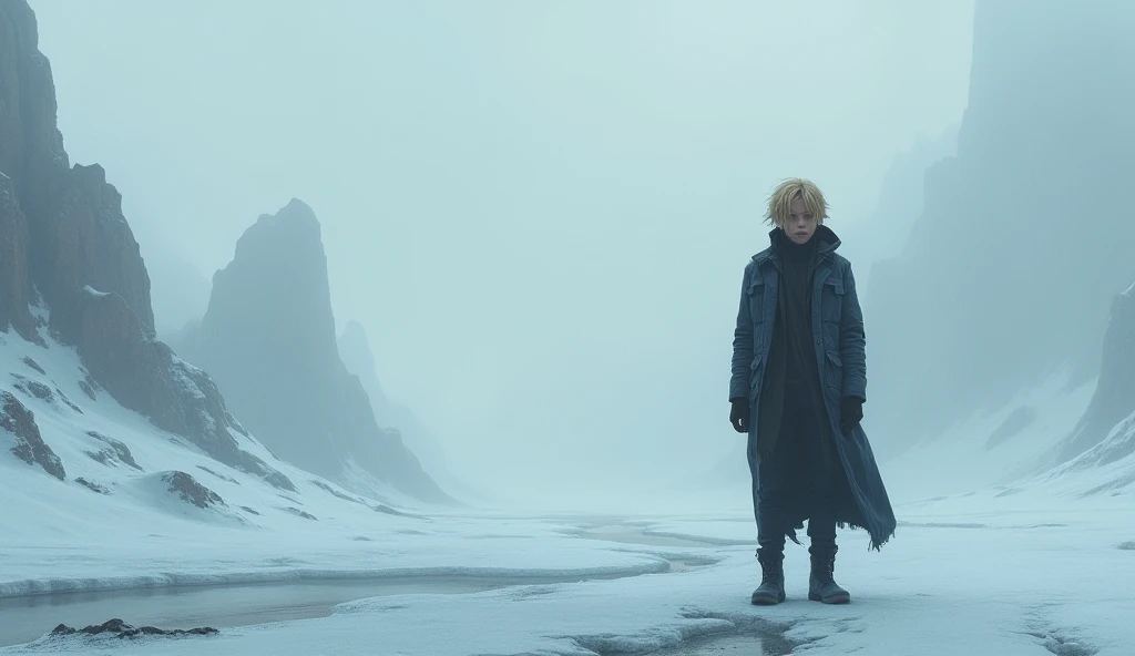 Une representation de la solitude d'un jeune homme au cheveux blond en bataille, dans un désert de glace, avec du brouillard