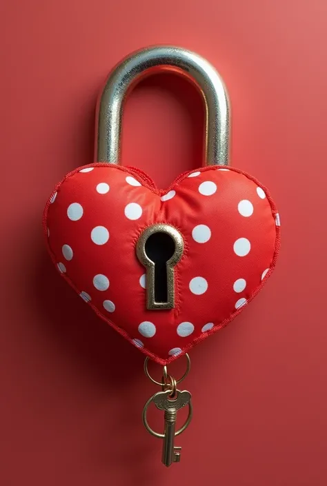  a red women's panti with white polka dots that also looks like a padlock and has the entry of the key the same as a padlock, Diagonal to this panti is the key , This key at one end looks like a book and at the other end it has the shape of a key that goes...