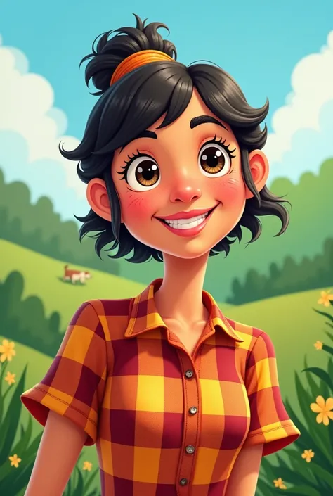 Make a caipira in a cartoon with a plaid blouse