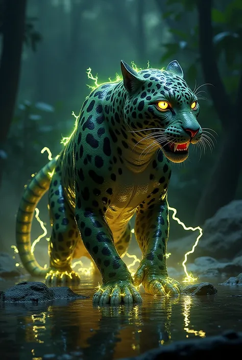 The Jaguareel
A monstrous fusion of a jaguar (onça-pintada) and an electric eel (enguia elétrica). Its sleek, spotted body is covered in a slimy, amphibious texture, with powerful legs and a long tail crackling with electrical energy. Its glowing yellow ey...