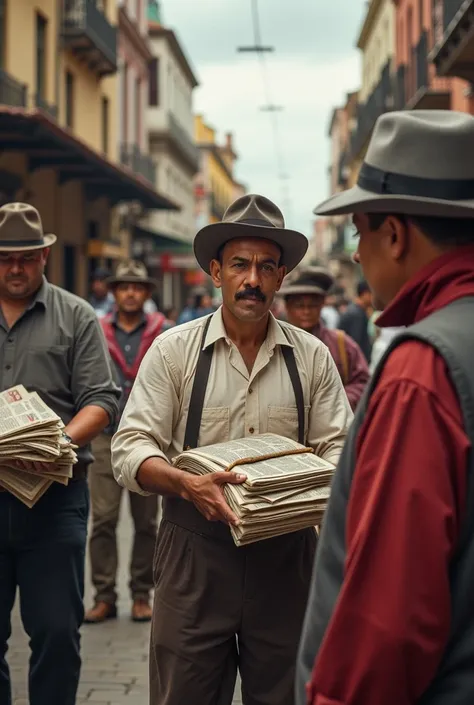 create an image of people in the republican era of Ecuador handing out newspapers