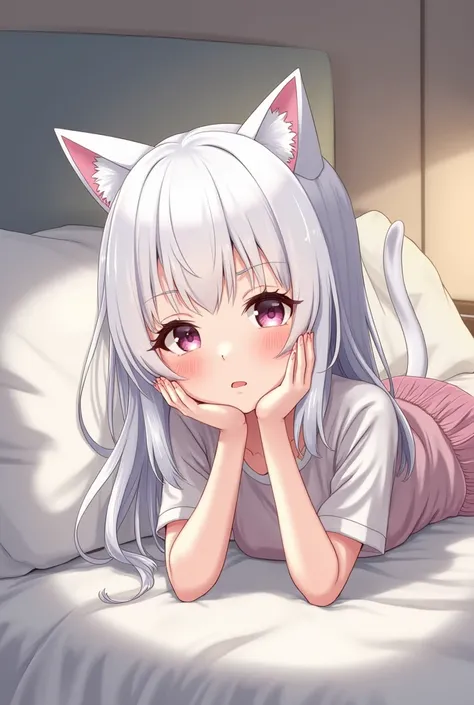 a girl with white hair, a square with cat ears looks down nicely лежащую на кровати и ведущую прямой эфир