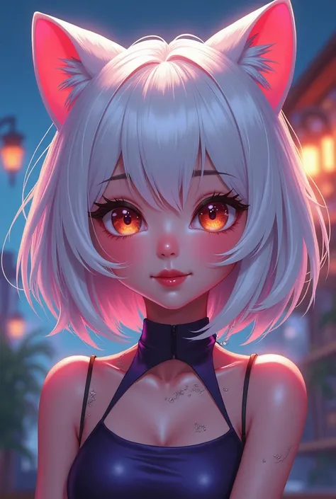 streamer girl with cat ears and white bob hair