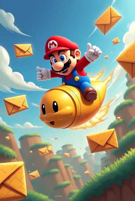 Super Mario Bros with super envelope power several envelopes flying and him riding on top of an envelope bucket