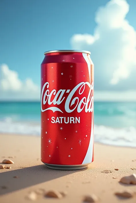 Create a can of Coca-Cola with the text Saturn and a beach background 