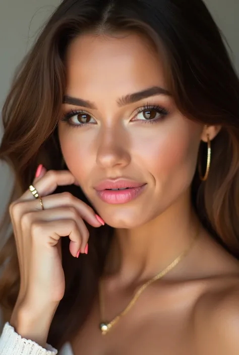 Beautiful brown hair woman with light pink glossy lipstick, dark brown eyes, pink nails, light makeup, wearing a thin gold chain necklace and  gold rings on her left hand. Her left hand is next to her face and she is looking at the camera with a slight smi...