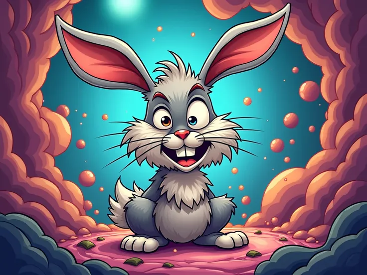 Make me a picture of a cartoon of a half-crazy rabbit