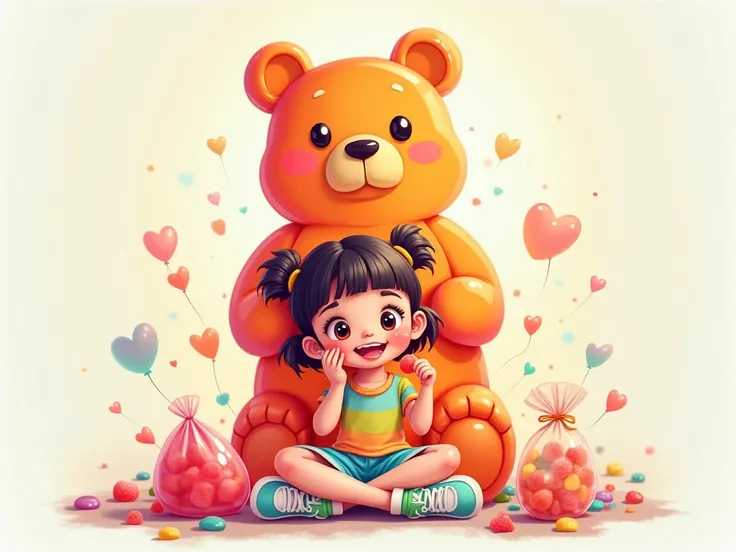 A full-body illustration of a cheerful young girl, around , eating gummy candies. She is sitting cross-legged on the ground, wearing a colorful dress and sneakers. In one hand, she holds a gummy candy close to her mouth, and in the other, an open bag of gu...