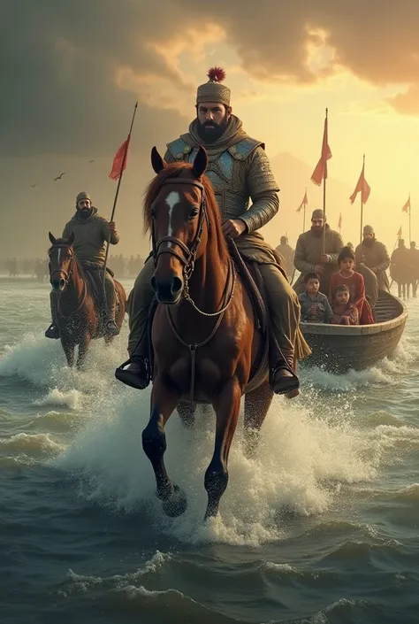 A poignant moment of Sultan Jalaluddin Manguberdi leading his family and soldiers across the turbulent Indus River to escape the Mongol onslaught. The Sultan, clad in traditional battle-worn armor, rides a strong horse in the river's midstream, his determi...