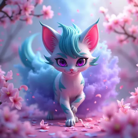 3D Animation. Un chat mélangé à Jinx de League of Legends. Il a les yeux violet. There are Sakura flowers. Il y a des fumigène violet et bleu. Il y a des explosion de peinture 