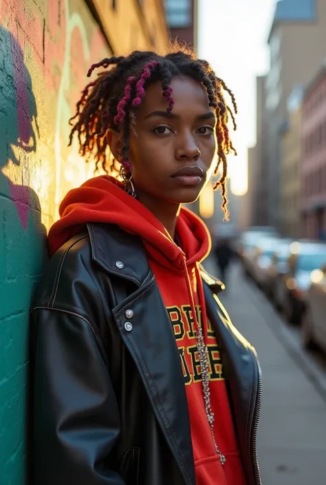 A street style portrait of an urban artist, direct to camera, full body framing, face takes up 15% of frame, Subject details: mixed-race features, colorful hair, multiple piercings, wearing streetwear layers, Style: urban fashion documentary, Jamel Shabazz...