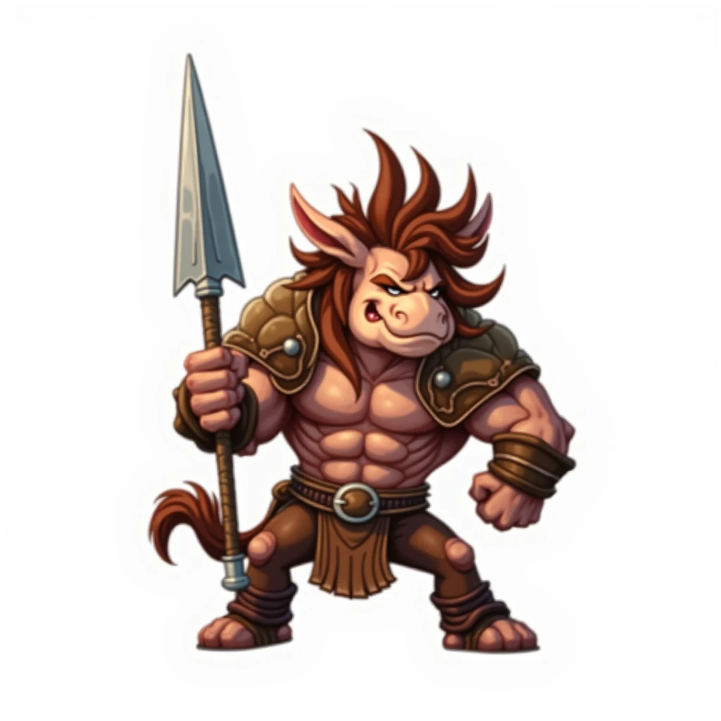  Chibi-Cartoon style illustration of a furious spear centaur. He wears leather armor and a steel spear .  white background 