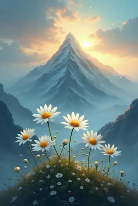 Daisies bloom on the peak of a dreamlike mountain, surrounded by mist and a sky that shifts between day and night.

