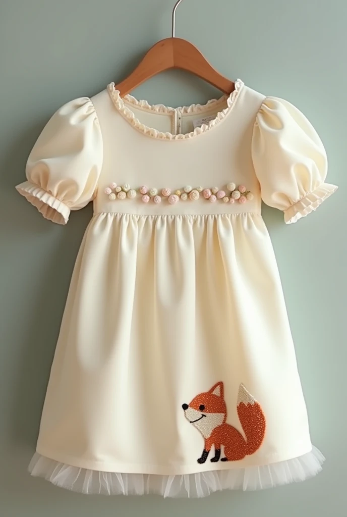 Short cream pink dress with heart neckline, puff sleeve and tulle on the sleeve,embroidered with shiny pebbles forming a line that turns into a small fox on the bar