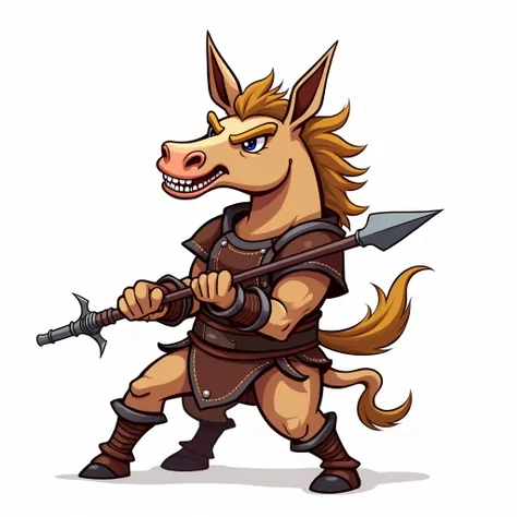  Chibi-Cartoon style illustration of a furious spear centaur. He wears leather armor and a steel spear .  white background 