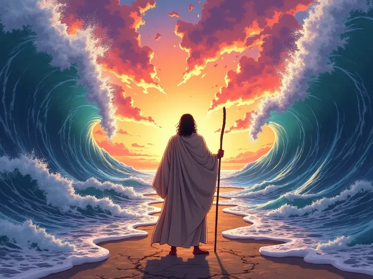 An anime-style depiction of Moses from behind, holding a staff, standing before the parted Red Sea. Two towering, dynamic walls of water rise dramatically on the left and right, revealing a dry, earthy path between them. The background features a stunning,...