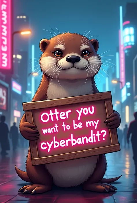 Make me an otter with a sign that has the text otter you want to be my cyberbandit?