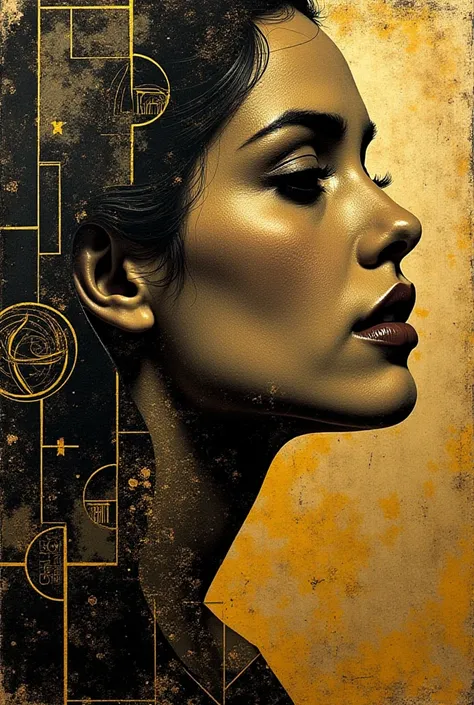 A captivating and vibrant portrait of a woman's profile, boldly rendered with overlapping layers of dynamic, geometric patterns inspired by Art Deco. Intricate, gold-edged vintage stamps, some appearing slightly distressed, are layered over a base of deep ...