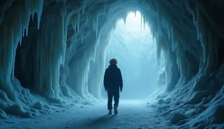 Une representation de la solitude d'un jeune homme au cheveux blond en bataille, vu de dos, à l'interieur d'un manoir couvert de glace, de stalactites et de stalagmites, avec un épais brouillard,  de nuit