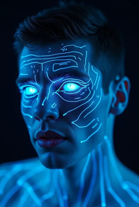 a man with blue paint on his face and face, digital art inspired by Hallsteinn Sigurðsson, pexels contest winner, digital art, glowing blue face, human glowing, man with thin lines on the face, neon face tattoo, bioluminescent skin, blue holographic face, ...