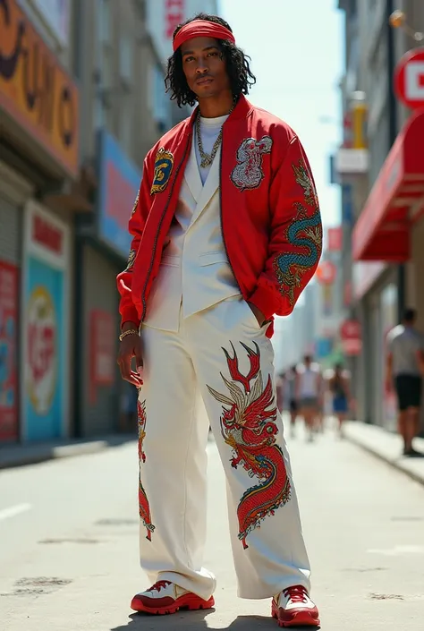  style : Eclectic street style with hip-hop elements .
 Business:
White .
 Graffiti print wide pants .
 Red bomber with dragon embroidery.
chunky sneakers.
accent: red bandana ,  headband top .