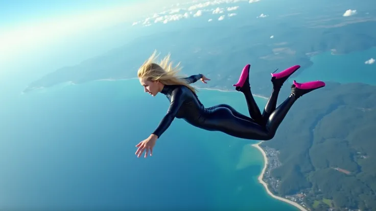 19 year old very petite Russian blonde female  wearing full body  black latex catsuit ,     skydiving with her pink parachute at a great distance  above the Earth. We see her from above 