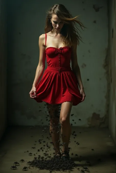 Woman in red short dress peeing forcing pushing spiders out directly beneath skirt directly between legs