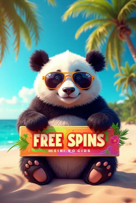 Create a stylish summer image of a panda bear with a sign that says free spins, Casino online