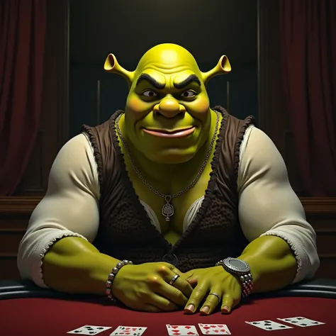 Sexy Shrek, mafia boss open white chemise, sitting at a poker table, chiaroscuro lighting, hyperrealistic, dramatic shadows, rich colors, (best quality,4k,8k,highres,masterpiece:1.2),ultra-detailed,(realistic,photorealistic,photo-realistic:1.37),intricate ...