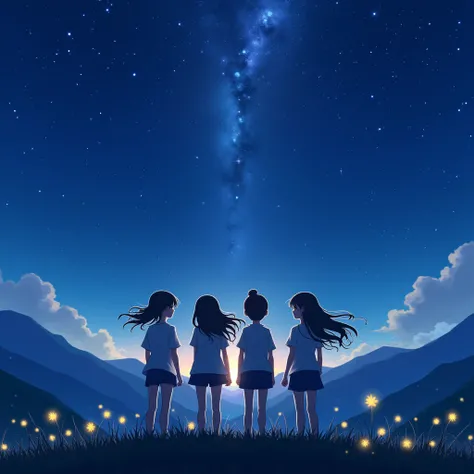 I want an image of 4 friends on a mountain, they are looking at the magnificent starry horizon, giving a sentimental and nostalgic feeling.
It is night and there are fireflies flying and lighting up the image, the wind blows through their hair, they are re...