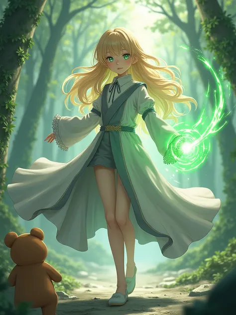 A young Wizard, element ray ,  green eyes and blond hair , anime version, High resolution little bear,  masterpiece,  best quality,  High quality,  Super detail,  clothes in shades of gray and white