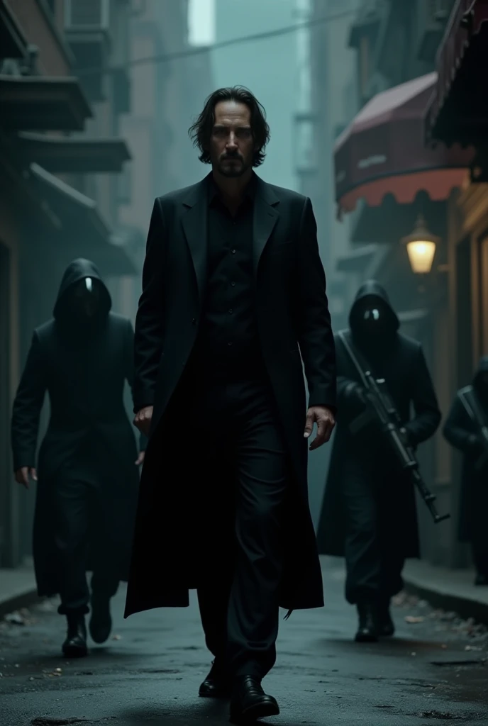 Keanu Reeves, as an enigmatic mobster in a black ,  suit walks calmly toward the viewer on a dark street ,  with a raven-headed humanoid and armed henchmen following him silently through the shadows.