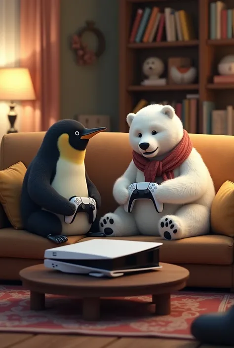 Penguin and polar bear play ps5 on sofa in the house and argue about it