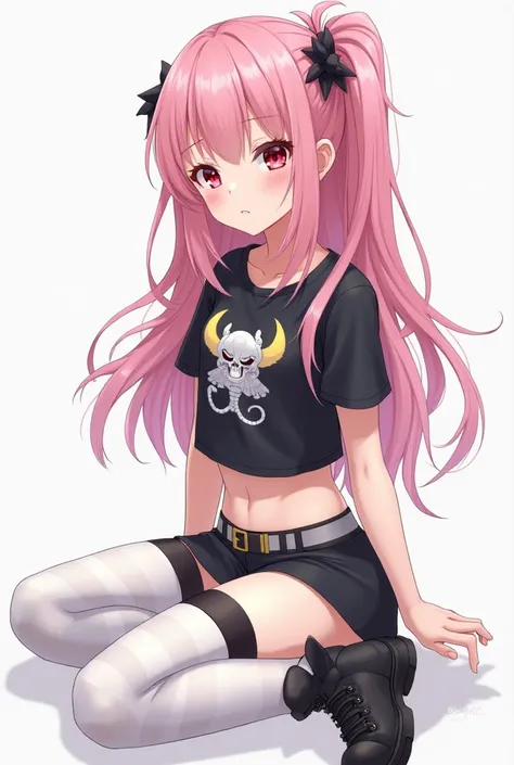 A pale skinned anime girl with long pink hair and side ponytail and black bangs and black side bangs and black and red eyes, a crop top with a demon on it and black and a cute short skirt white striped skin tight leggings with big shoes sitting down 3/4 le...