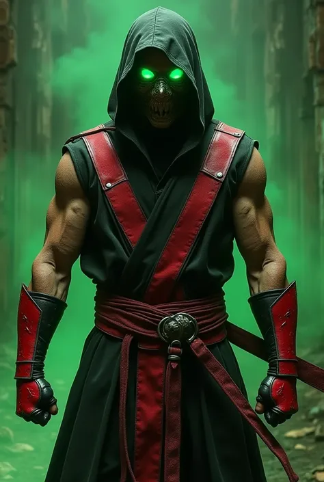 male ninja / Iron mask /  glowing green eyes/ face bindings / black and red outfit/  red shoulder pads /  red pointed bracelets / chrome belt / mummy face/  black cords wrapped around the legs /  red shin guards / bandages wrapped around the arms /  red ba...