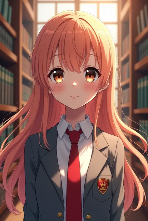 Capture of Boku no hero , Girl with freckles, big brown eyes ,  long peach-colored hair, uniforme de la UA(red tie, grey jacket),  in a library