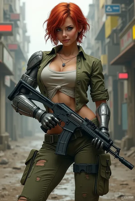 1girl,  athletic body,  generous round and high breasts, bionic arm,  a glass eye ,  wide and beautiful smile , short red hair, very dense hair ,  tight military pants ,  muscular legs , torn shirt , strong abdomen,  holds an ak47 