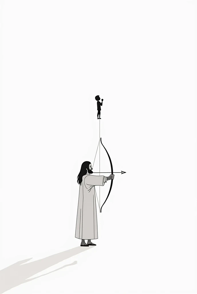  Create a minimalist black and white vector , depicting a scene of Jesus with a bow and a young man being the arrow of the bow that is directed at the target, The target must be the sky .