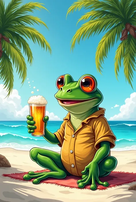 I want more 2D drawings of a frog on vacation drinking beer on the beach