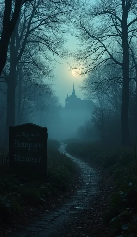 A misty forest path at twilight, shrouded in mystery. In the foreground, a cracked stone marker stands partially hidden by overgrown grass and vines, its inscription faint and weathered, reading "Kaspar Hauser." The path beyond the marker winds into the de...