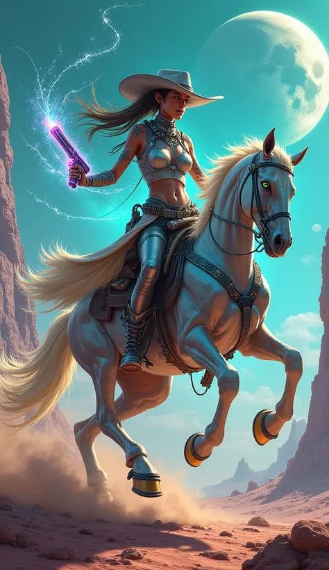 "An extraterrestrial cowgirl in a dynamic and powerful pose, mid-action as she leaps off her alien steed in the heart of an otherworldly desert. The landscape is alive with glowing, crystalline formations, swirling alien dust storms, and a vibrant sky illu...