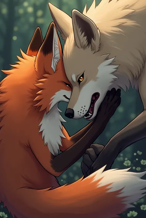 a male fox fursona being brutally fucked by a wolf persona in anime style , foces ass is full of cum and its whimpering while wolf doesnt care and continues to fuck it brutally 