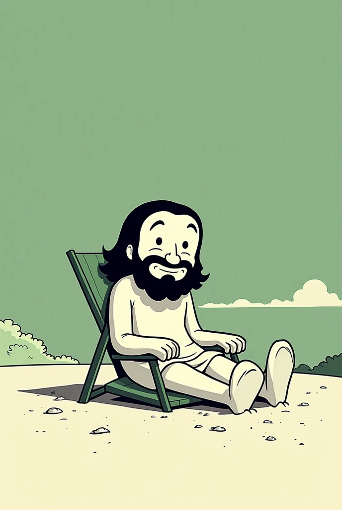  1920s rubber hose style animation of 'HAPPY JESUS': Jesus sitting on a beach chair relaxed and quiet , With an eye closed in the vintage comic book style, George Digalakis ,  minimalist cartoon , jim woodring,  dark white and light green ,  Lo-fi aestheti...