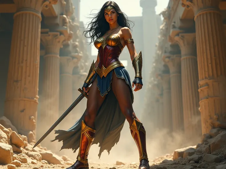 Beautiful European with sheer black pantyhose on her long legs looking like wonder woman in her armor and boots, wearing one sword and golden necklace, fighting a battle inside ancient temple ruins
