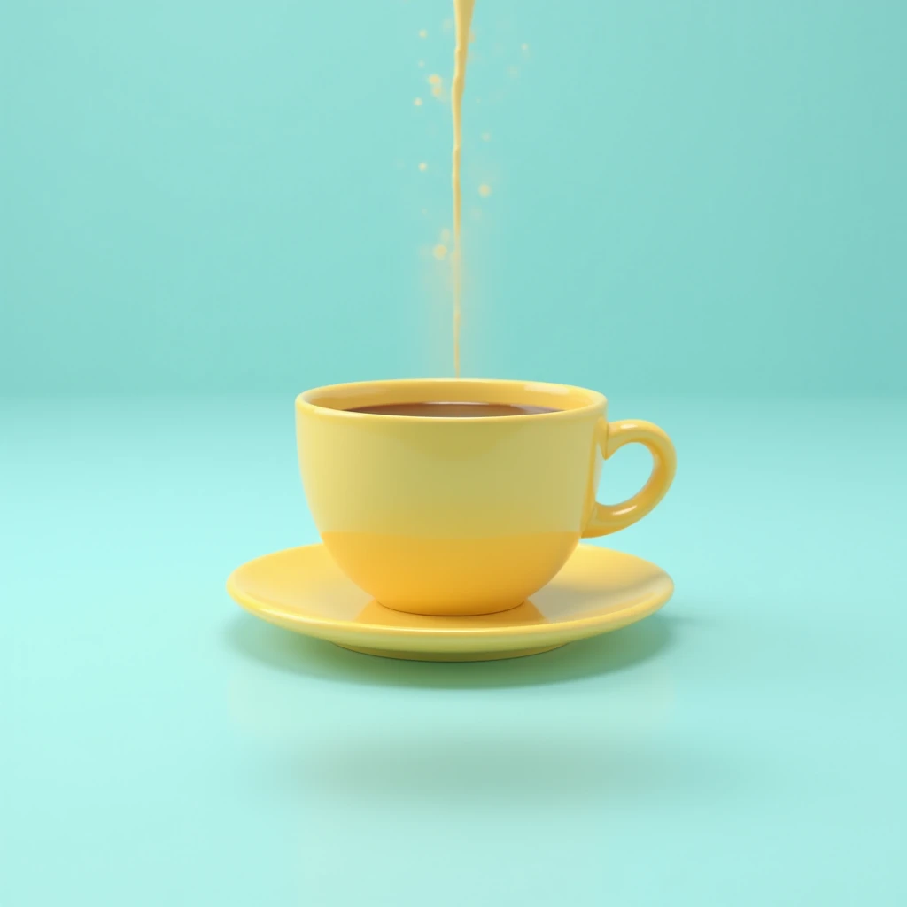 create a 3d coffee cup that takes up all the screen space, where the cup and saucer float in the air separately, while the coffee is poured, in a cartoon style, chubby, where the cup is yellow and the background is light blue with no details