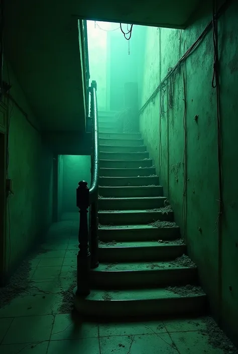 Staircase of a haunted condominium recorded by an ancient camera in the color green  