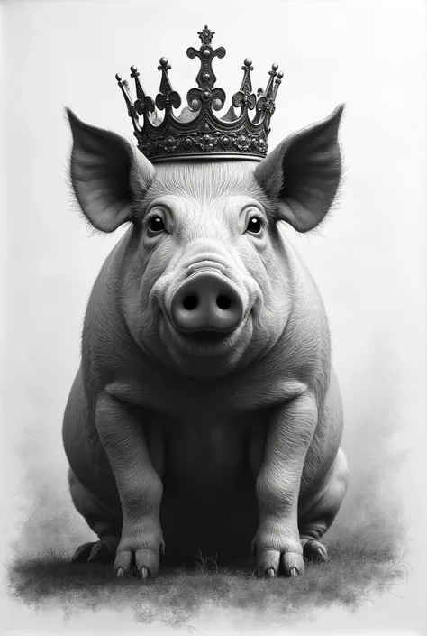 Charcoal pencil drawing of a pig with a crown 